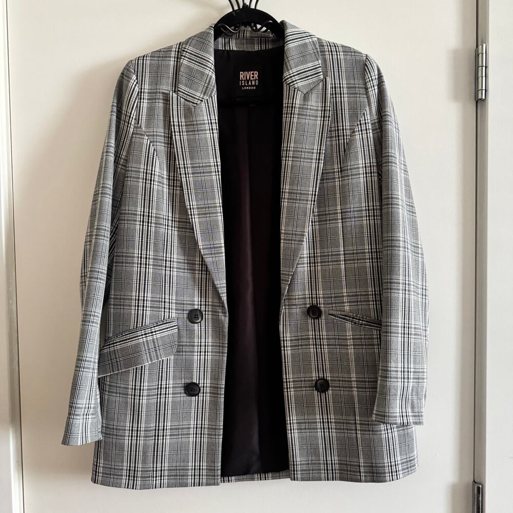 River Island Mix Check Long Line Blazer Gray Double Button Long Sleeve Sz 2 US - Picture 2 of 7